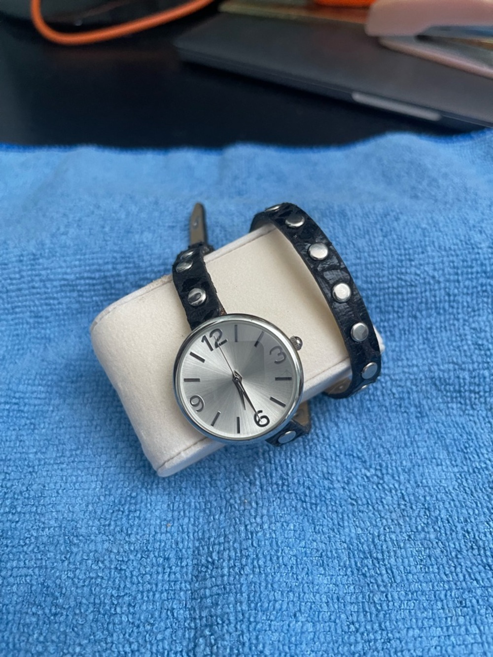 Studded Wrap Leather Watch with Silver Dial